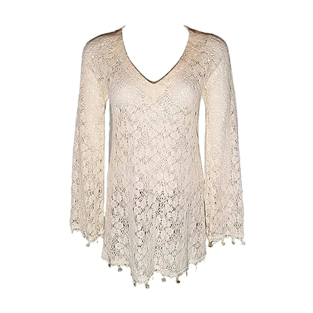 Seaton Dress Swim Cover Crochet Long Sleeve Boho Detailed Shell Hem